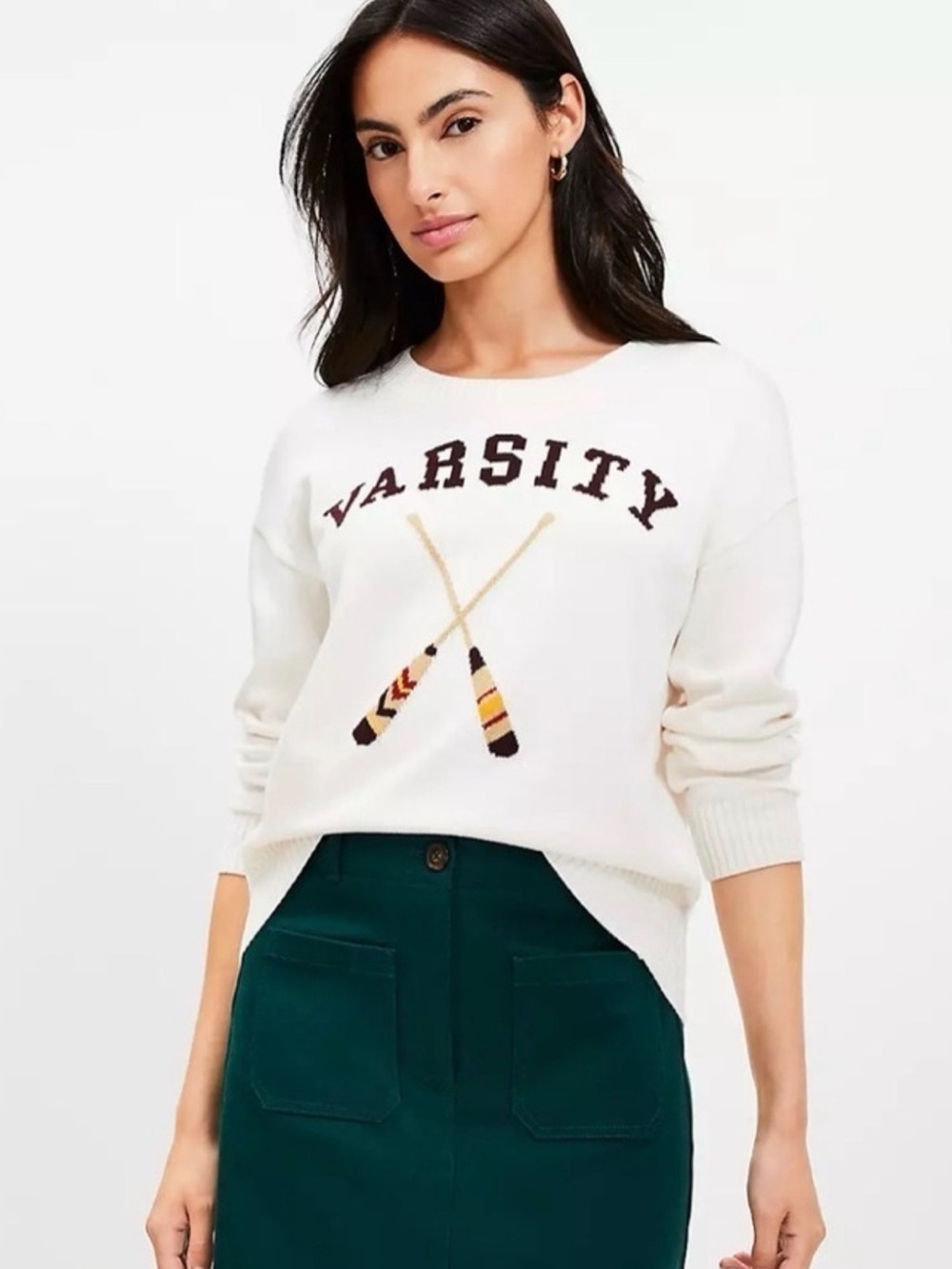 LOFT White Varsity Crewneck Sweater with Oar Graphic